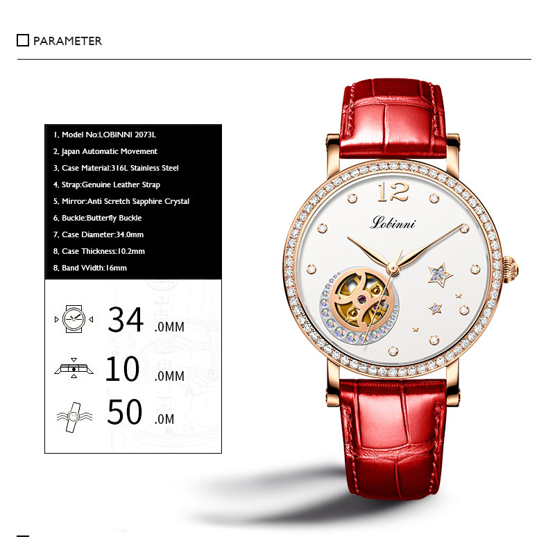 LOBINNI Luxury Women Watches,L - Skeleton Mechanical Watch recension och pris